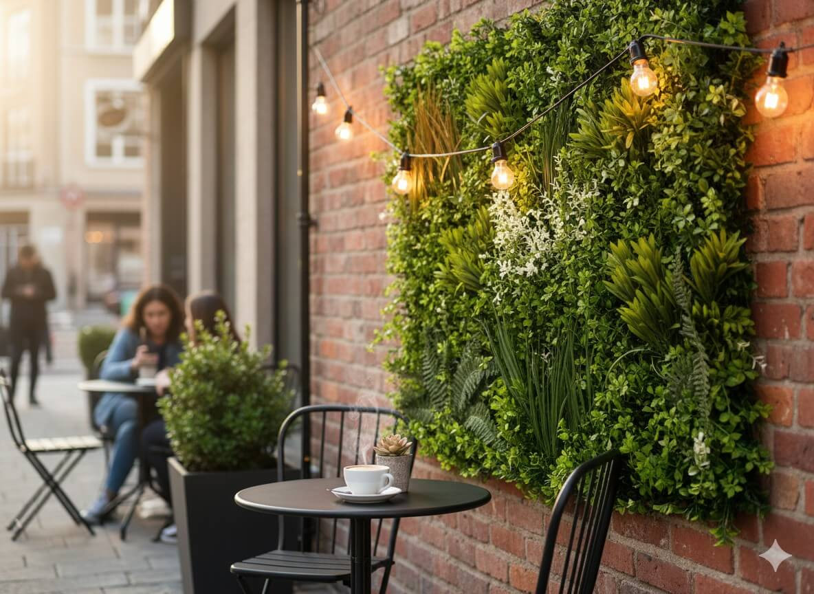 Modul műnövény Green Wall faldekoráció kültéren egy kávézó falán