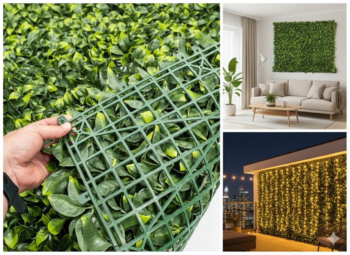 1 m²-es UV-stabil GreenWall Mesterséges Növényfal Panel (Aura) részlete emberi kézzel, és beépítve egy modern kültéri teraszon