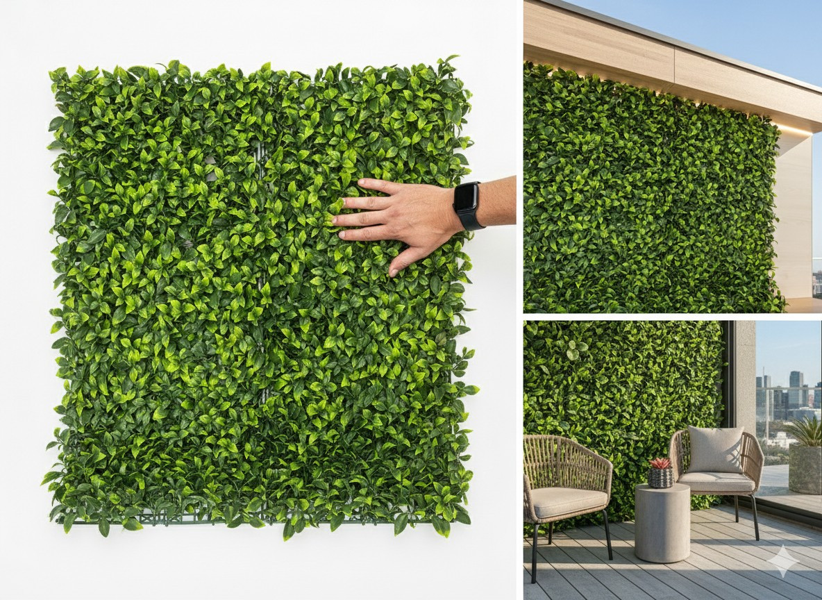 1 m²-es UV-stabil GreenWall Mesterséges Növényfal Panel (Aura) részlete emberi kézzel, és beépítve egy modern kültéri teraszon