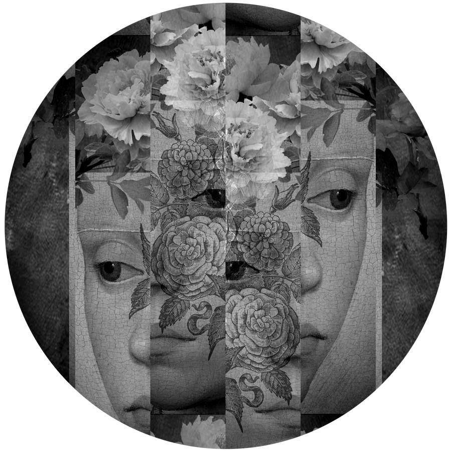Image of Öntapadós kör alakú poszter tapéta, reneszánsz arc, virágok 120x120 cm