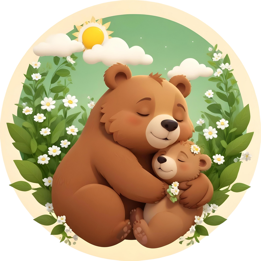 Image of Öntapadós kör alakú poszter tapéta, macik virágok között, gyerekszoba faldekor 120x120 cm