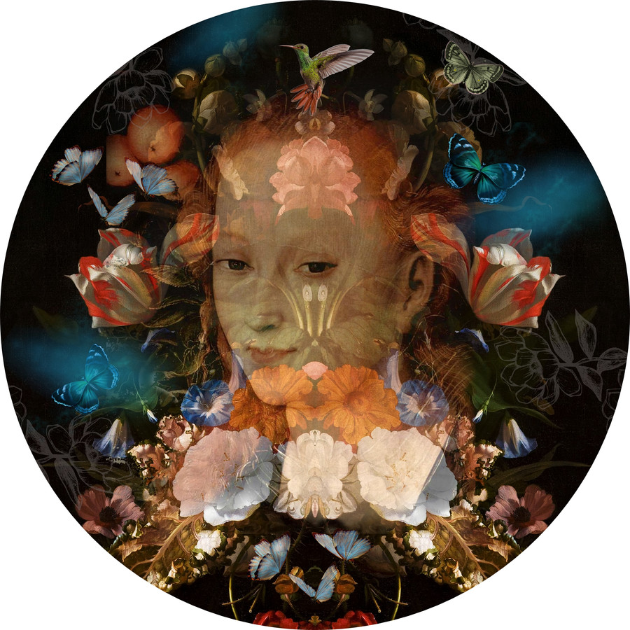 Image of Öntapadós kör alakú poszter tapéta, reneszánsz női arc, festmény, virágok és pillangók 120x120 cm